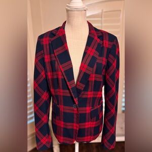 New York and Company Red and Navy Blue Plaid Blazer